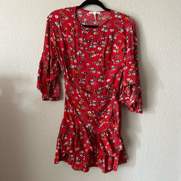 Maje Rahimi Floral Short Sleeve Ruffle Wrap Mini Dress Red Size 1 - Picture 3 of 9